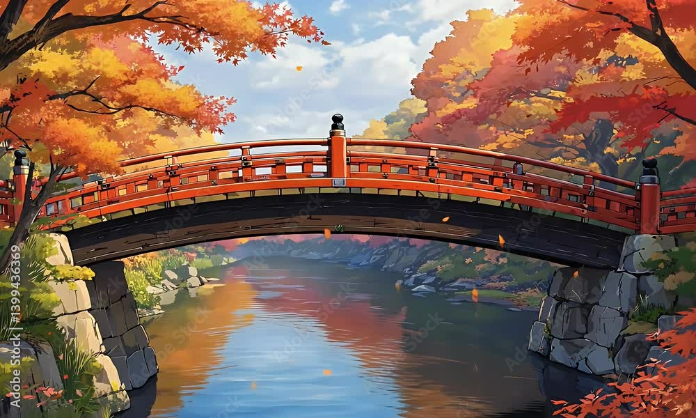 dreamy video of japanese red bridge crossing a serene river with clear reflections and relaxing countryside vibe
