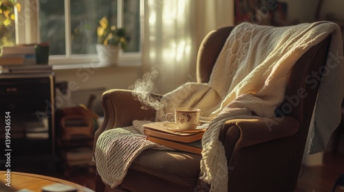 Light-filled reading nook with a cozy armchair, soft blanket, steaming cup of tea, and books, showcasing cluttercoreâ€™s layered comfort and natural light, selective focus