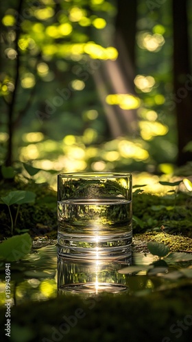 Glass of Water on Mossy Ground in Sunlit Forest Setting
