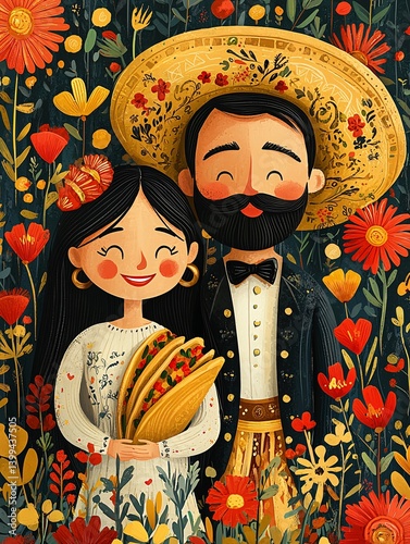 Charming Couple in Traditional Attire Surrounded by Colorful Flowers