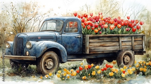 Vintage Truck with Tulips, Spring, Farm, and Watercolor.