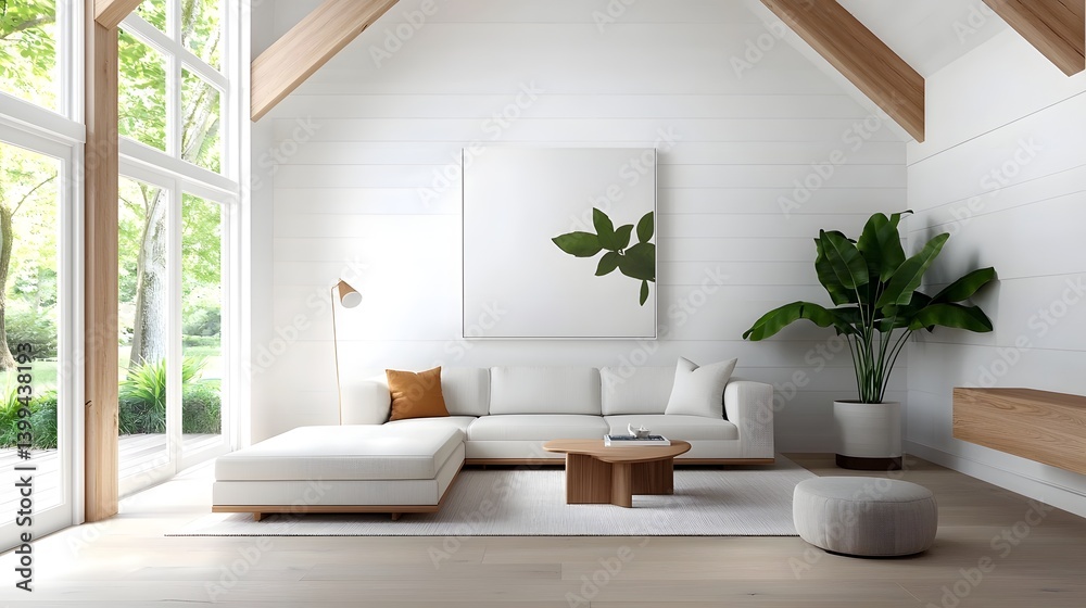 Fototapeta premium Cozy and Inviting Farmhouse Style Living Room with Rustic Wooden Beams White Shiplap Walls Neutral Linen Upholstered Furniture and Abundant Natural Lighting Streaming Through Large Windows