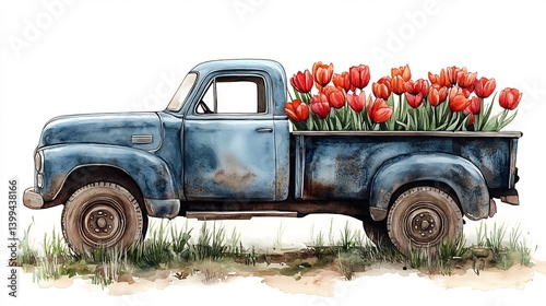 Vintage Truck Tulips Spring Countryside.