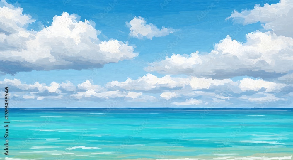 Tranquil Ocean Scene with Azure Water and Fluffy Clouds Painting Tranquil Ocean Scene with Azure Water and Fluffy Clouds Painting