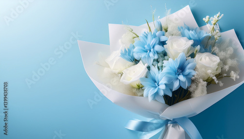 Bouquet of Baby Blue and White Flowers on a light Blue Background, Empty Space for Writing, Copy Space, Blank Space, Colorful Flowers , White Roses, Background, Greeting Card, Love, Romance, Gift