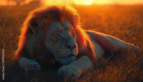 Majestic male lion resting in golden sunset grassland