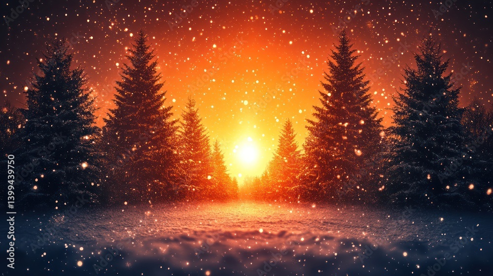 Fototapeta premium Snowy forest sunset winter wonderland card