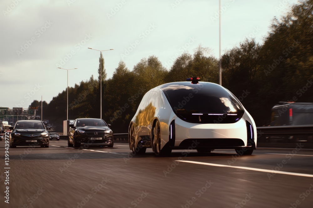 Fototapeta premium Futuristic self-driving car leads highway traffic, showcasing advanced technology.
