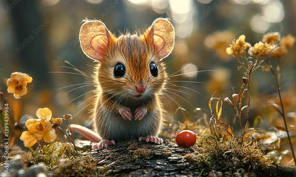 A cute, fluffy mouse sits on a mossy log surrounded by vibrant flowers in a serene forest A cute, fluffy mouse sits on a mossy log surrounded by vibrant flowers in a serene forest