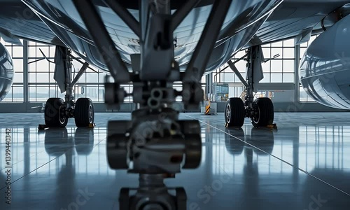Aircraft underside view showcasing landing gear, with engines and hangar visible. Smooth, glossy floor