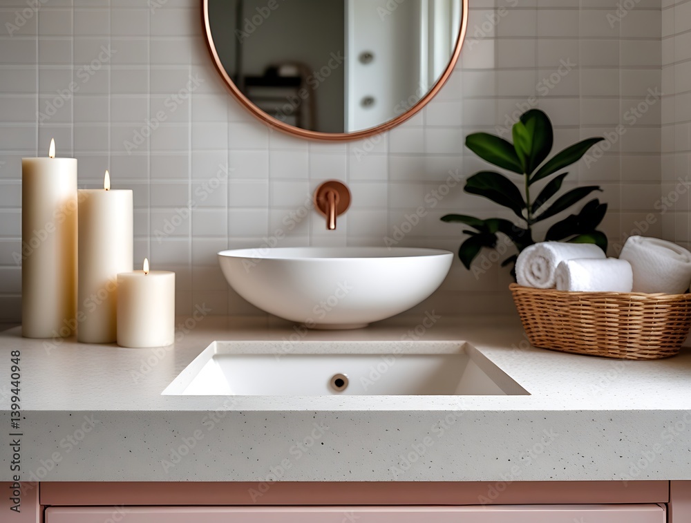 Fototapeta premium Modern bathroom interior with minimalist decor, candles, soft towels, a round mirror, and a countertop sink, creating a peaceful spa-like atmosphere for relaxation and self-care.