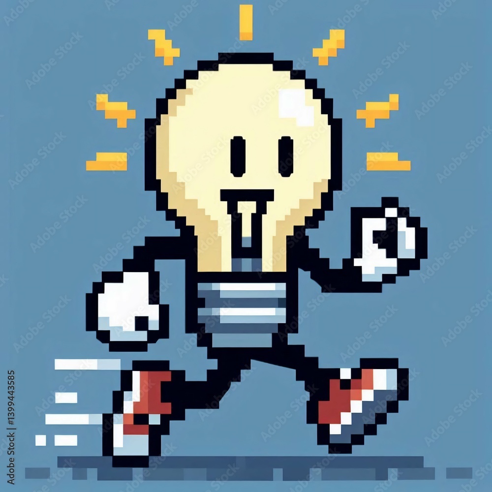 Obraz premium Pixel Art Lightbulb Character Bright Idea Suitable for Modern Decor
