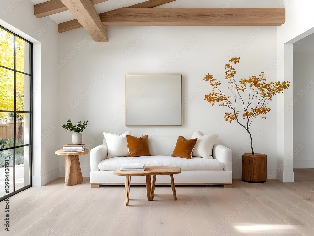 Fototapeta premium Cozy and Inviting Modern Farmhouse Living Area with Vaulted Ceilings and Exposed Wooden Beams Plush Linen Sofa Antique Wooden Side Tables