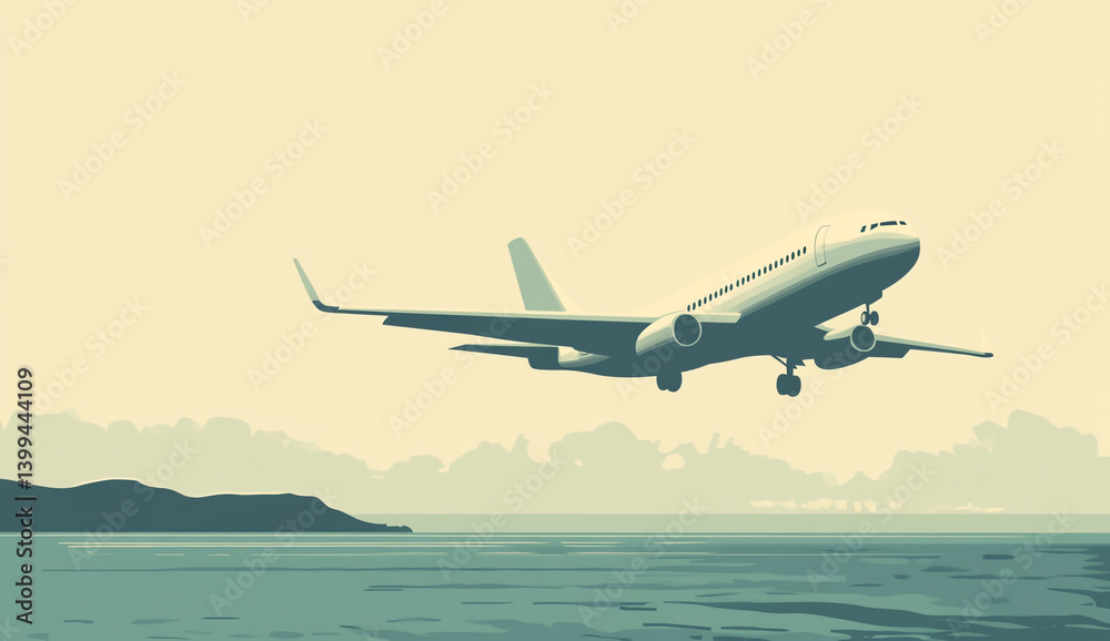 Naklejka premium Flat Vector Airplane Taking Off Over Water with Coastal Land Background