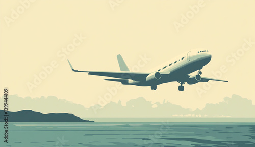 Flat Vector Illustration of Airplane Taking Off Over Water with Land in Background