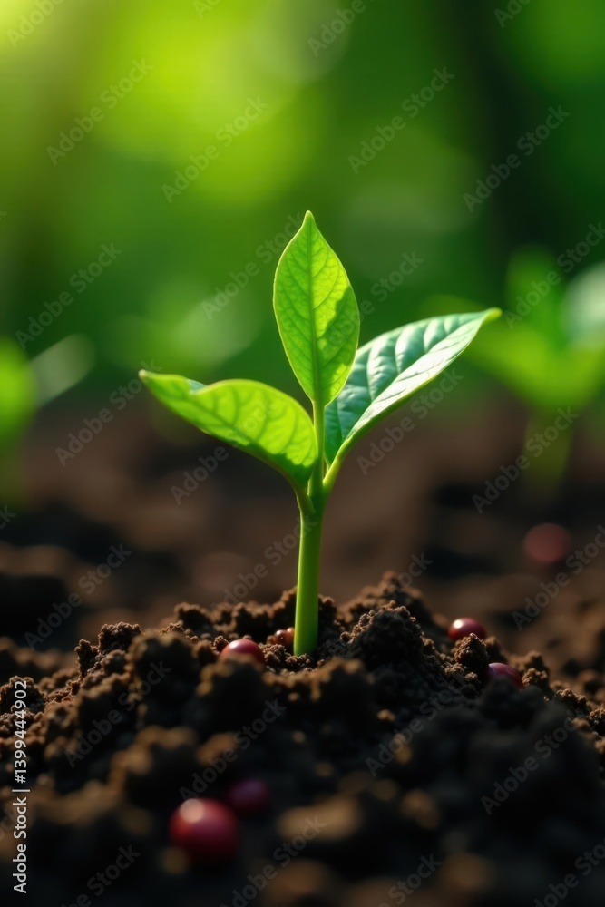 Fototapeta premium Young coffee bean seedlings emerge from the ground , coffee, green
