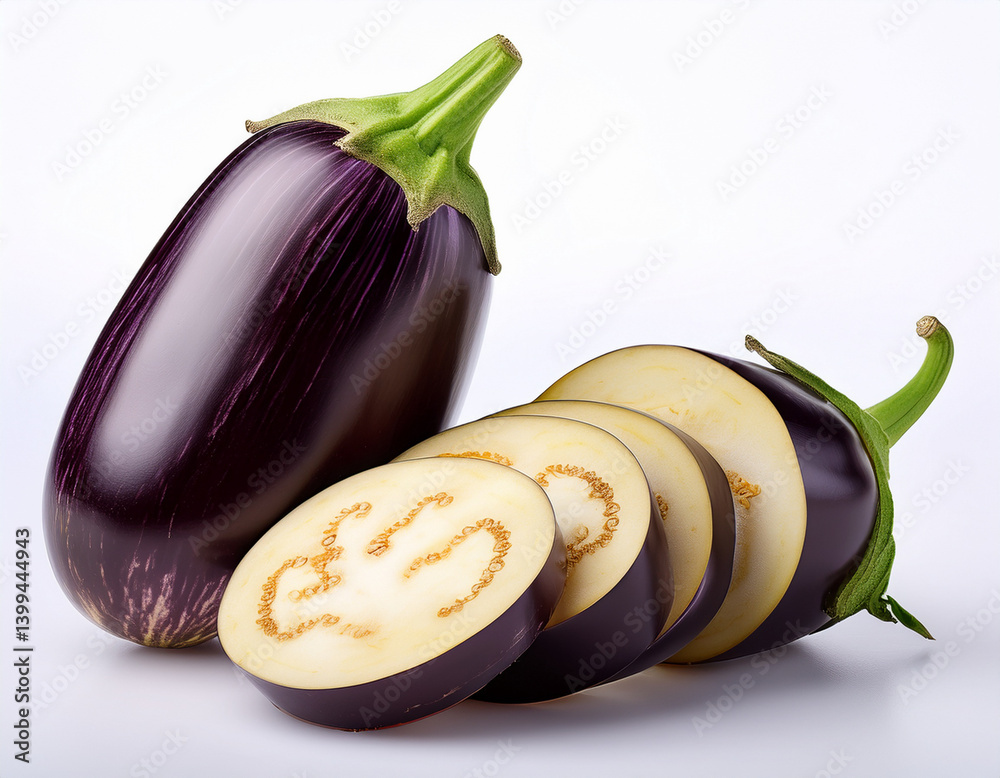 A cut of eggplant next to a whole eggplant on a white background