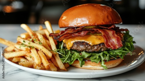 Appetizing gourmet burger with crispy bacon and melted cheddar served with golden fries on a plate