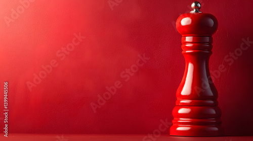 Crimson Spice: A studio shot of a single, classic red pepper grinder. Set against a vibrant, monochromatic background, creating a scene of elegance and culinary minimalism.