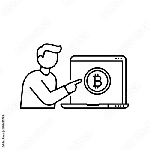 Man pointing at Bitcoin symbol on laptop  