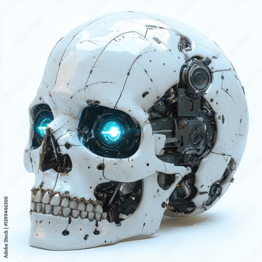 Fototapeta premium Cybernetic skull, futuristic design, with glowing blue eyes. Detailed mechanical components are integrated into the skull structure