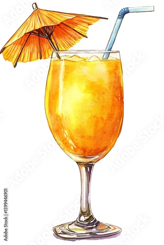 Glass tropical pineapple smoothie served with a paper umbrella and a straw