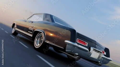 3D retro car rides on the background of the sky