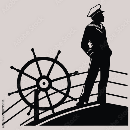 Sailor standing on the deck of a ship silhouette vector design art and illustration