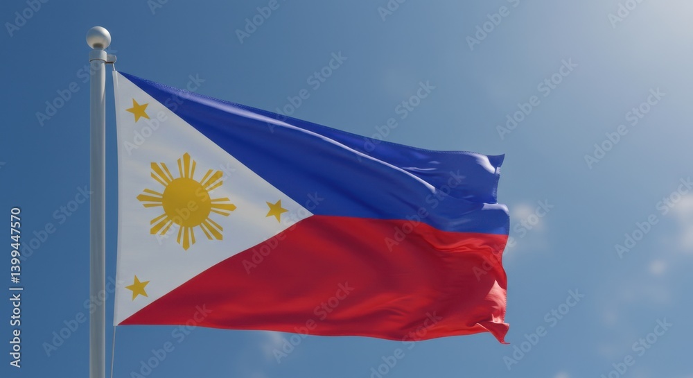 Naklejka premium Philippine Flag Waving Proudly Under a Clear Sky: A Symbol of National Pride and Sovereignty