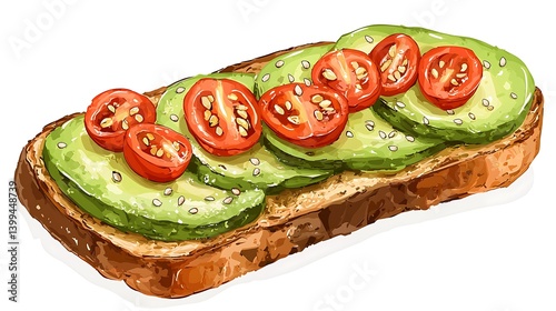 Healthy avocado toast with cherry tomatoes and sesame seeds on a solid white background