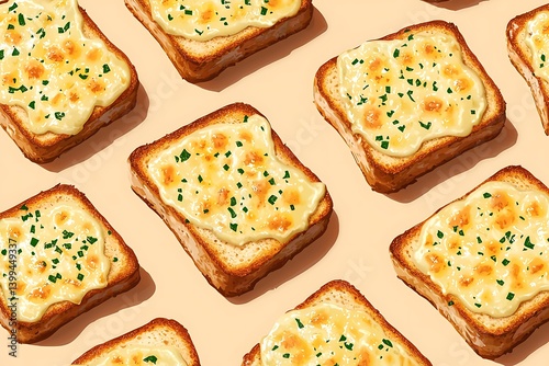 Hot and cheesy garlic bread slices on a solid beige background