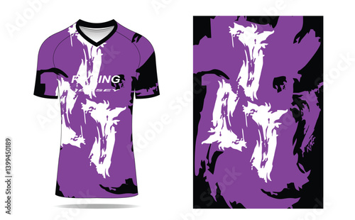 Abstract purple sports jersey design featuring dynamic white patterns, suitable for athletic wear