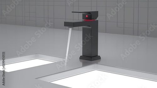 A modern, matte black faucet with red accent lighting. photo
