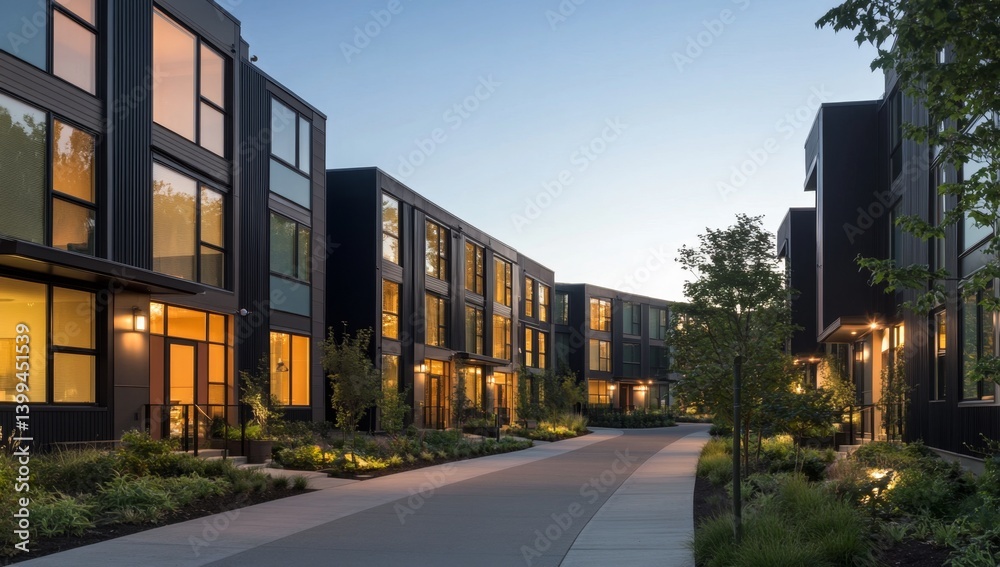 Obraz premium Modern townhomes in a landscaped courtyard
