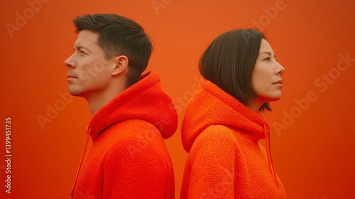 Profile View of a Man and Woman in Orange Hoodies Against a Solid Orange Background