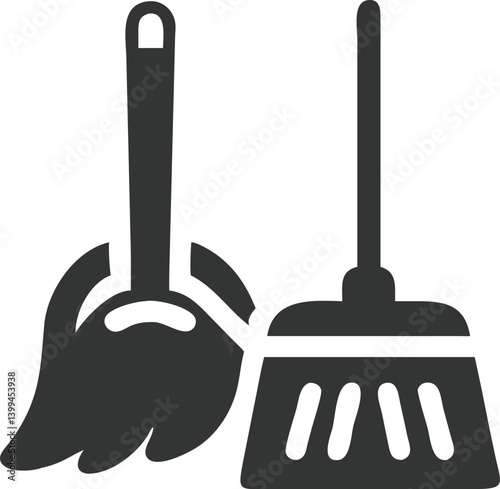 Broom and Mop Icon, Minimalist Style, Black Silhouette, Isolated on Transparent