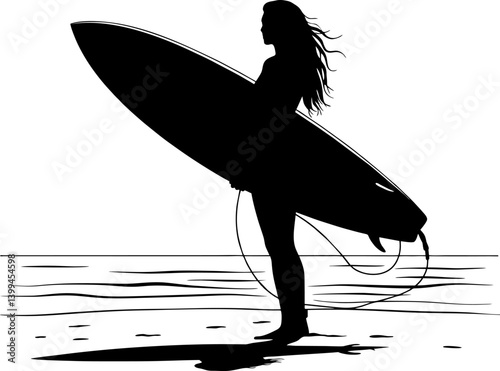 Retro Female Surfer Silhouette Standing with Surfboard – Wind-Blown Hair and 1970s Beach Vibes in Black and White Vector