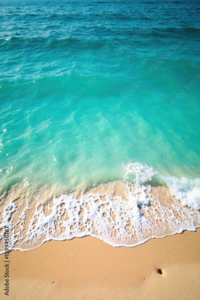 Naklejka premium Turquoise water meets ocean waves on sandy blue shore, blue, beach