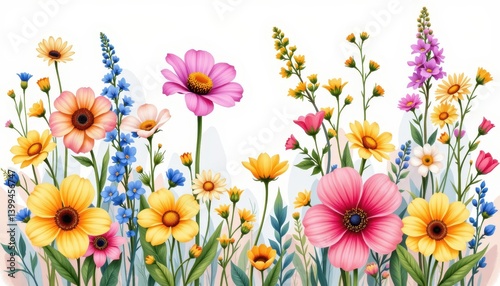 Vibrant Wildflowers Blooming in a Summer Meadow A Colorful Floral Illustration Perfect for Spring and Summer Designs