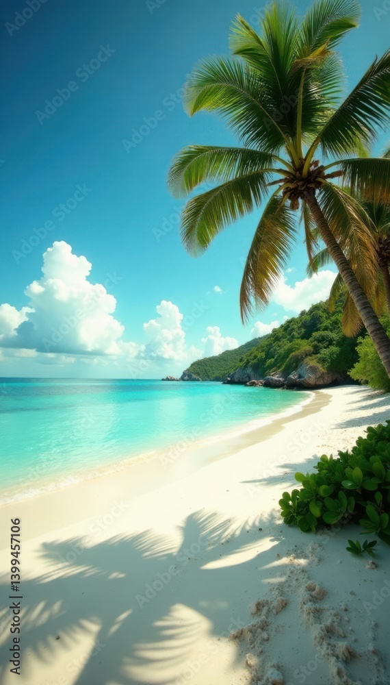 Fototapeta premium Vintage toned photo of a tropical ocean beach with sand and palm trees surrounded by crystal clear waters, trees, beach