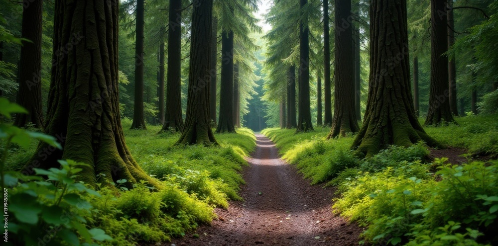Fototapeta premium Abandoned fir forest path with moss and lichen, green, trees, nature