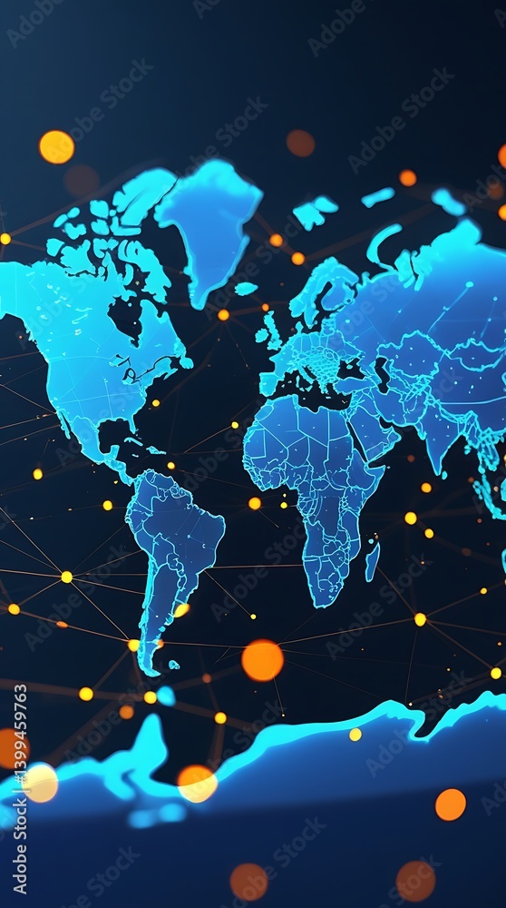 Fototapeta premium Digital world map with glowing data points and connected lines, representing global communication, technology networks, and futuristic data transfer across continents