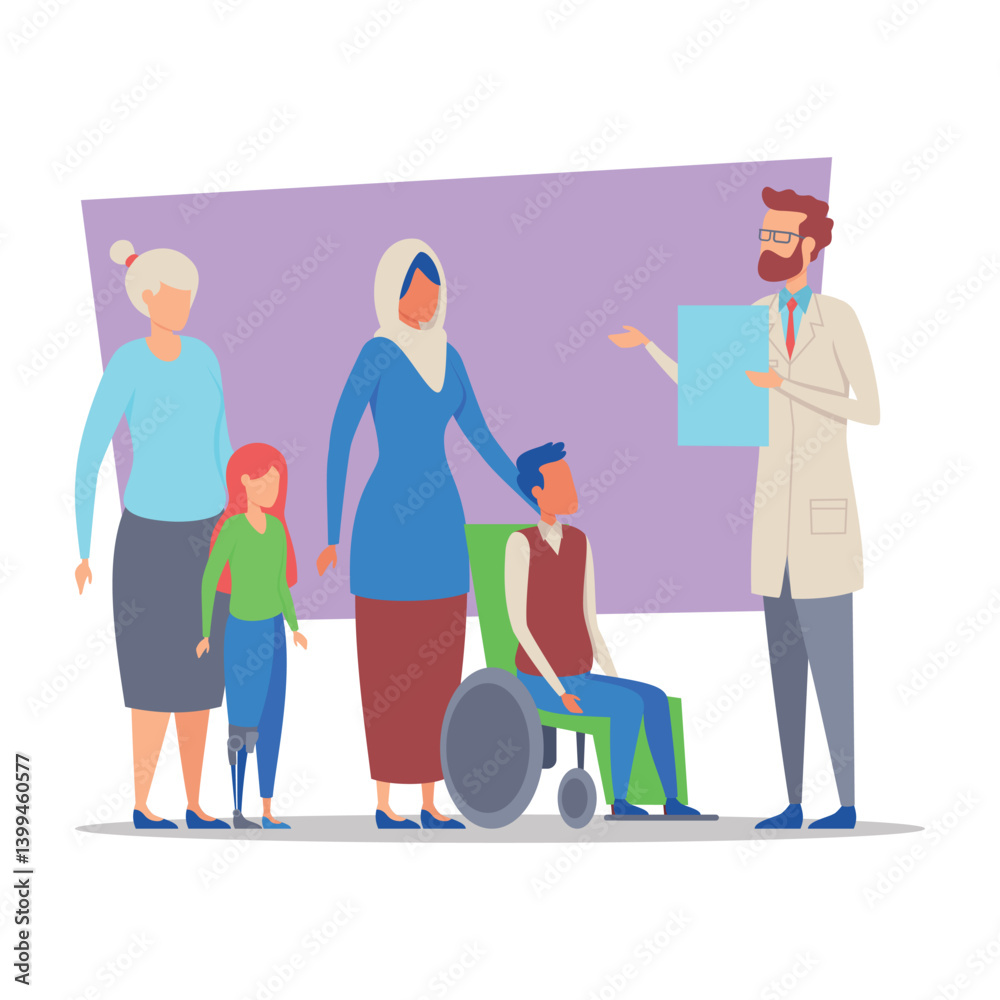Fototapeta premium Doctor in lab coat talking to family about medical care. Family including child in wheelchair and three women. Support and communication in healthcare setting concept