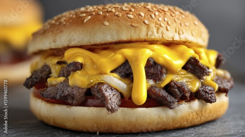 Close-up of creamy, tangy, yellow mustard cascading onto a burger bun - appetizing dripping condiment pouring takeaway