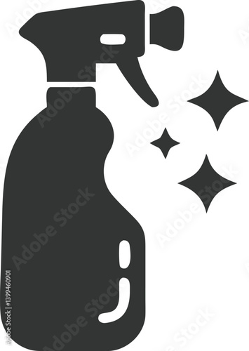 Cleaning Spray Bottle Icon with Stars, Glyph Style on Transparent Background
