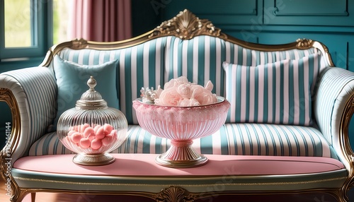 Classic-meets-whimsy with a striped settee and crystal candy dish decor