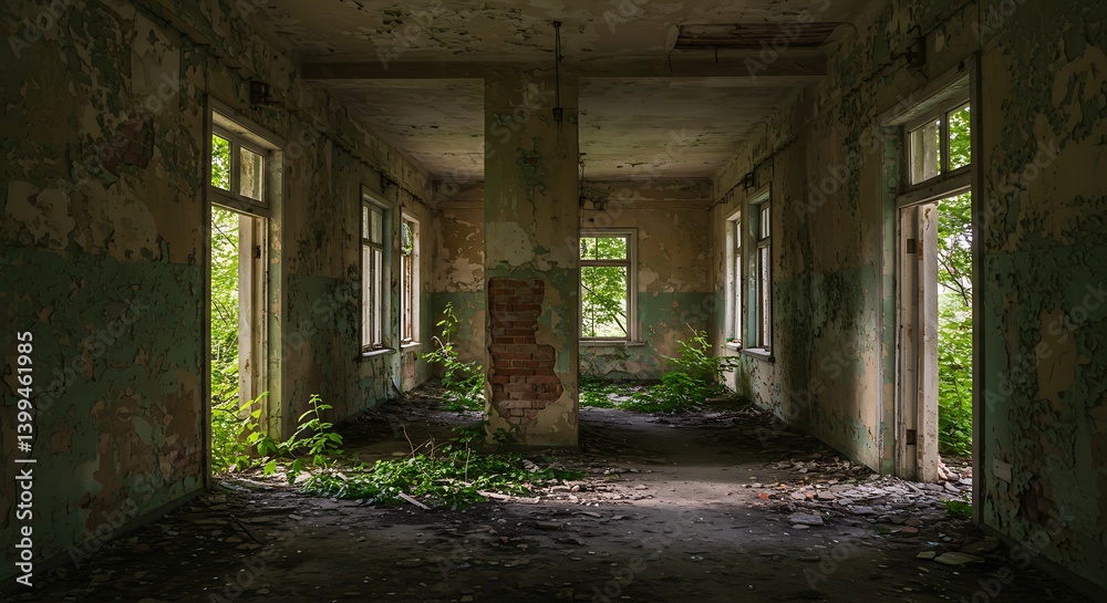 Exploring Abandoned Building Interior with Overgrown Greenery Exploring Abandoned Building Interior with Overgrown Greenery