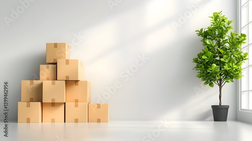 3D render of neatly stacked cardboard boxes in clean minimal industrial studio setting with soft shadows cast on the pristine white platform