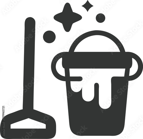 Cleaning Supplies Icon Mop, Cleaning Bucket With Suds, Sparkling Effects