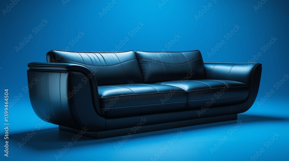 Modern Black Leather Sofa on Vibrant Blue Backdrop